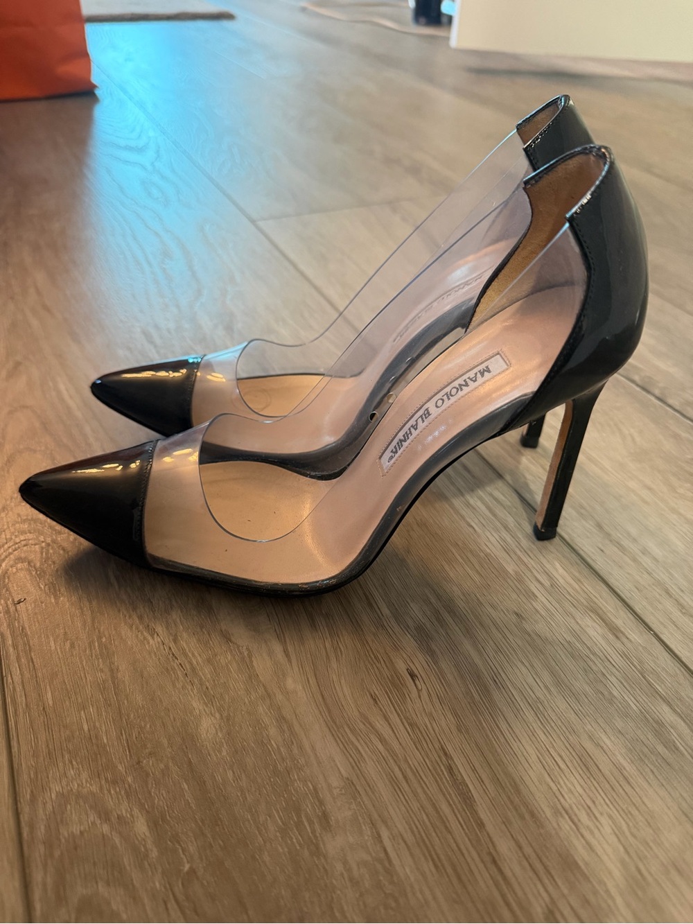 Manolo Blahnik Black Patent and Clear Pointed-Toe Pumps